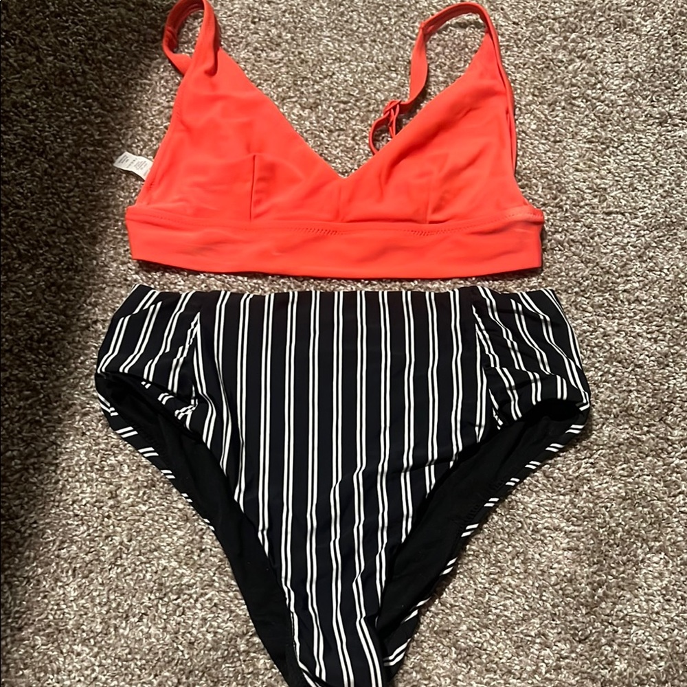 Red Bikini Top and Striped Bottom Set